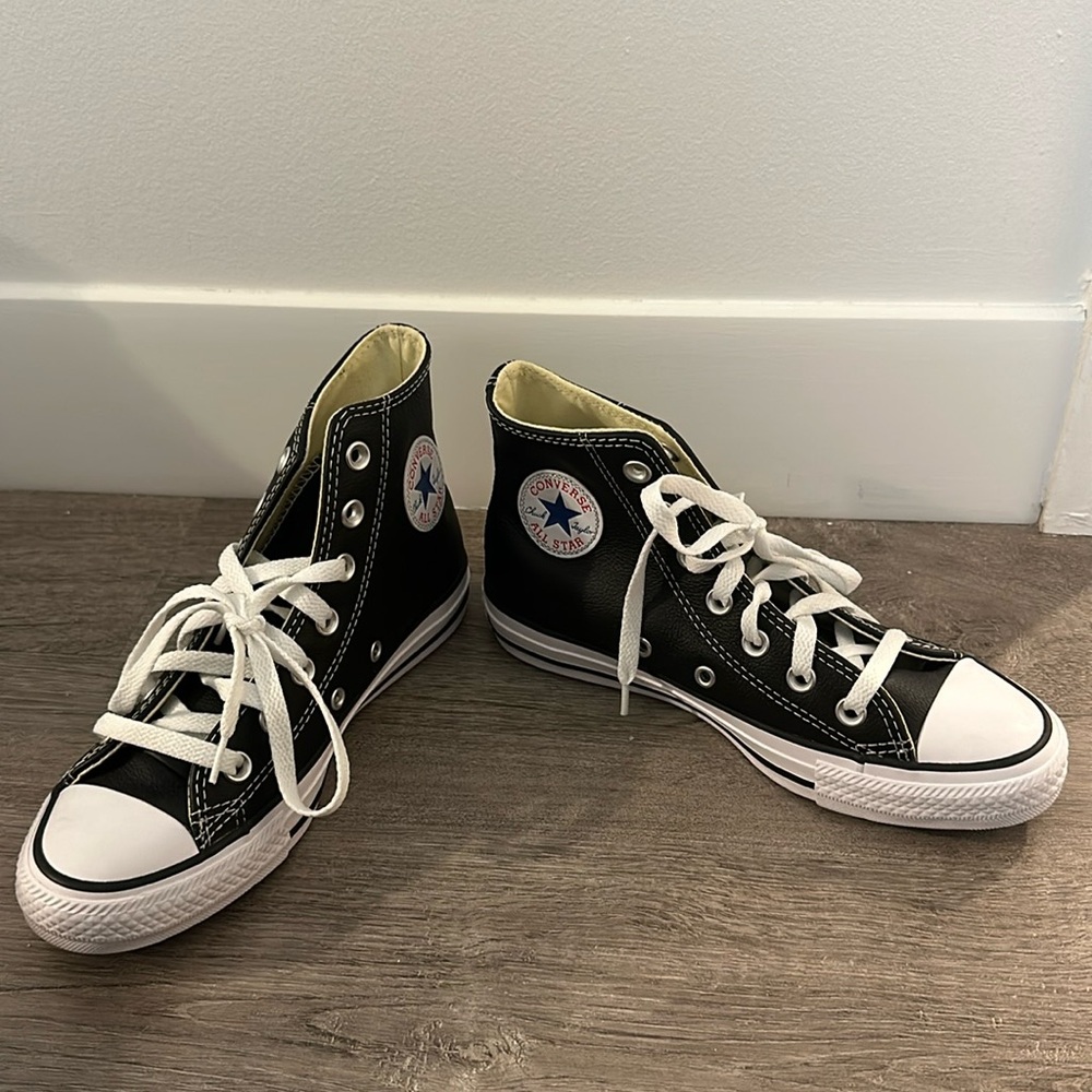 Black Leather Converse All Star High Top Chuck Taylor Sneakers